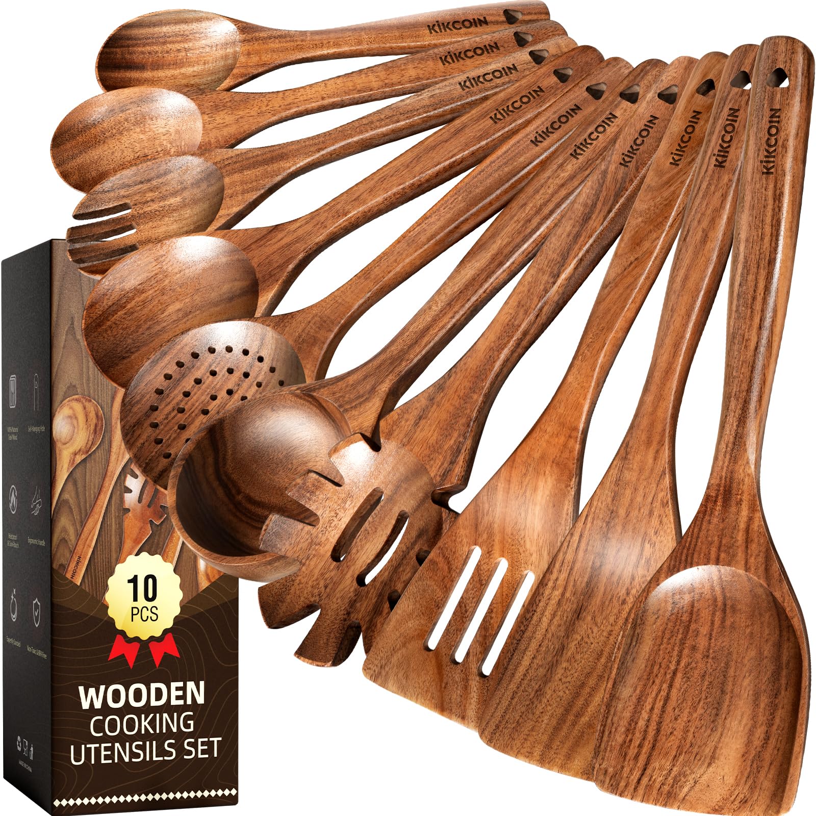 Kikcoin teak wood spoon with curved head for precise flipping and gentle food contact.