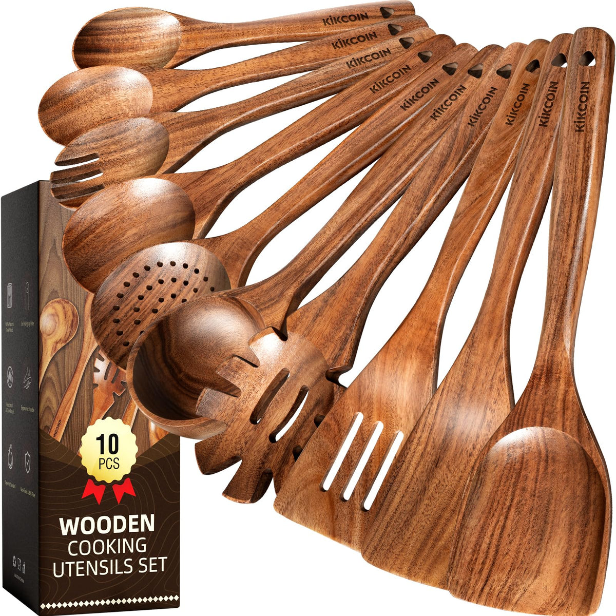 Kikcoin teak wood spoon with curved head for precise flipping and gentle food contact.