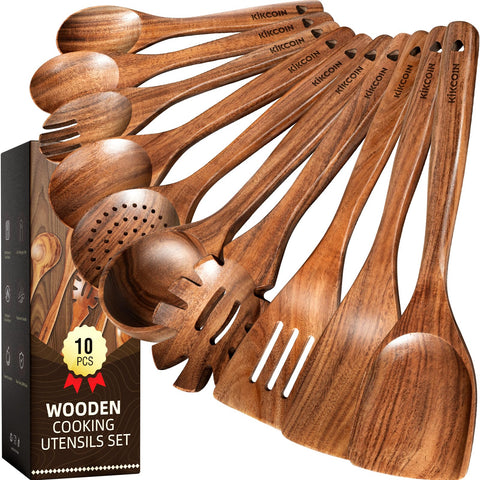 Kikcoin teak wood spoon with curved head for precise flipping and gentle food contact.