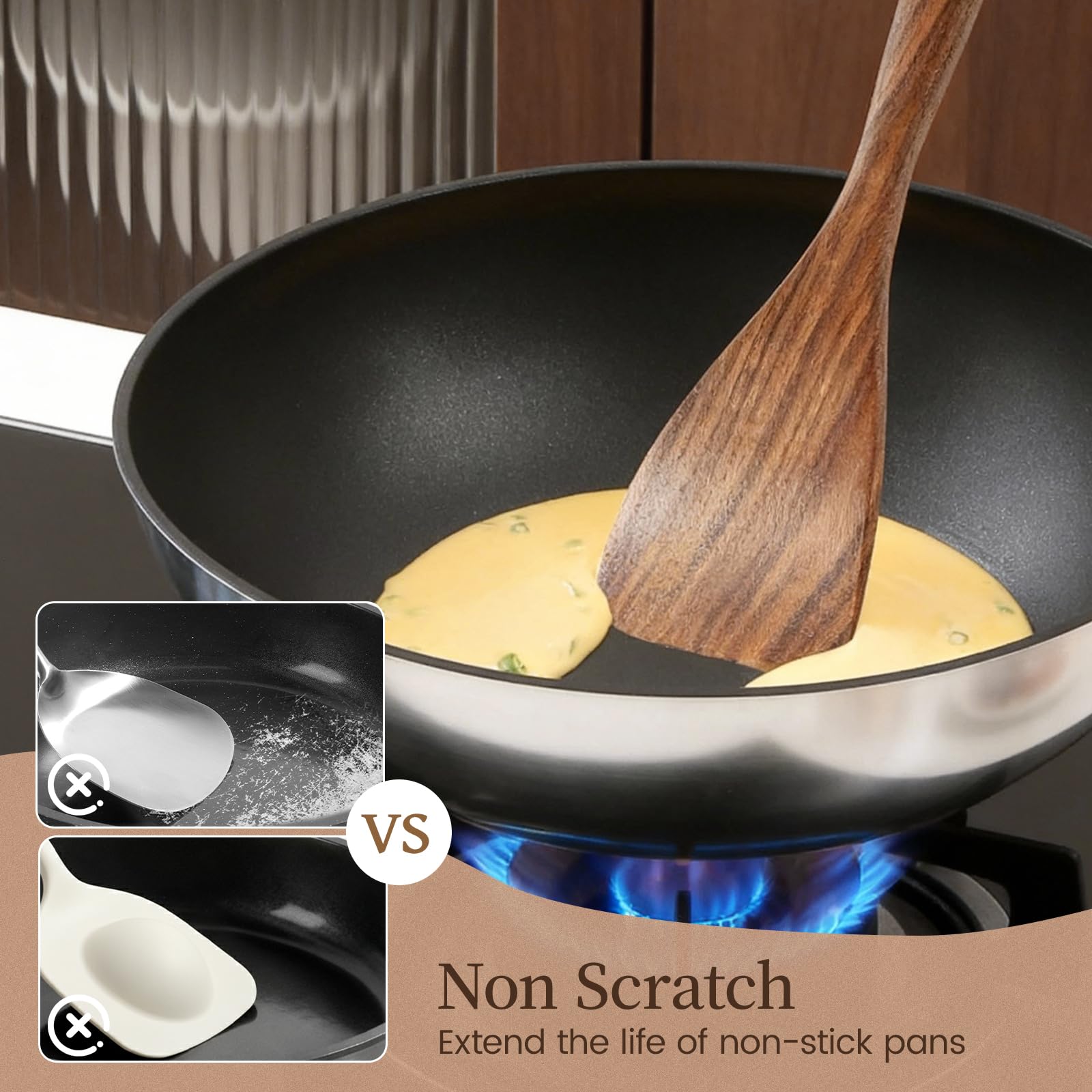 Kikcoin teak wood spoon with long handle keeps hands away from heat.