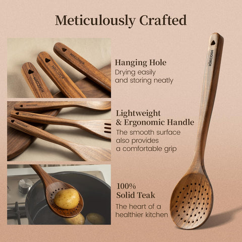 Kikcoin teak wok spatula smooth edge reduces noise and scratches.