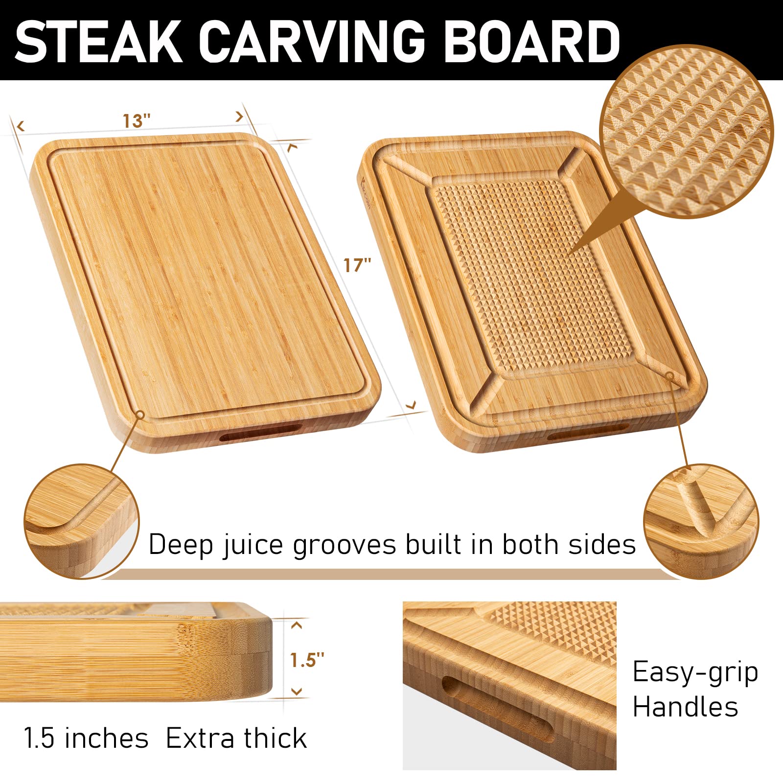 Kikcoin turkey carving board featuring bamboo construction for durability and knife protection.