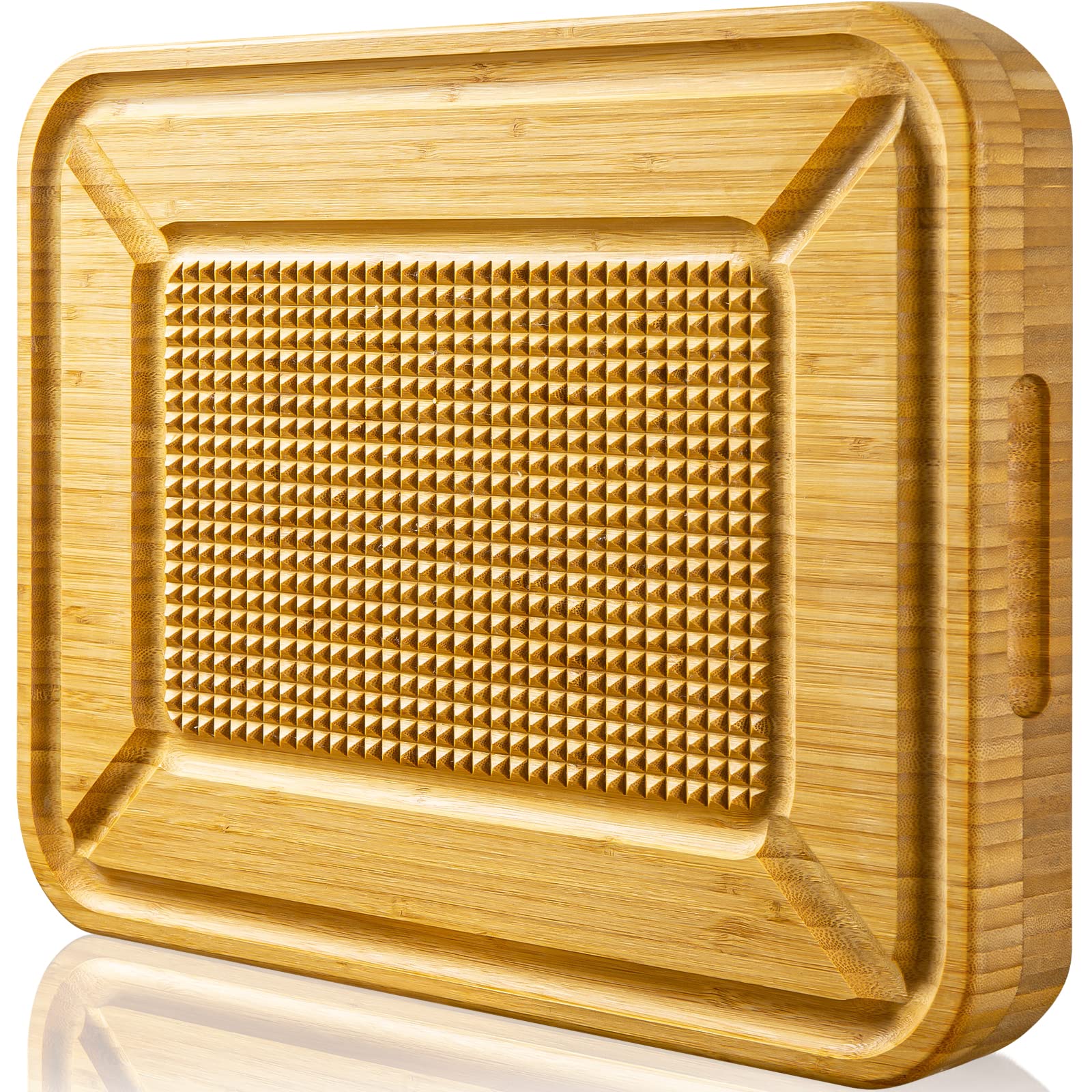 Kikcoin turkey carving board with pyramid spikes anchors meat for precise carving and reduced slipping.