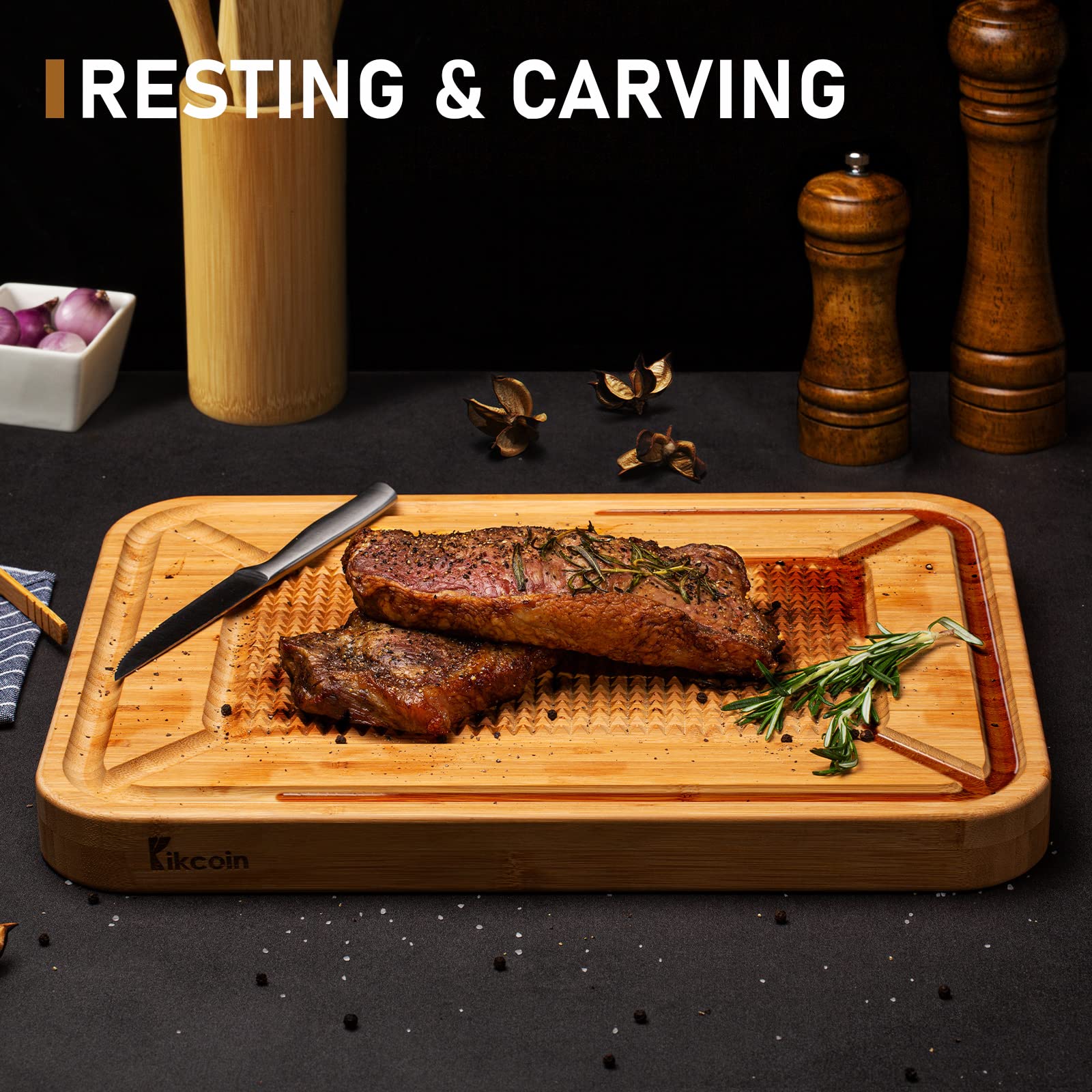 Kikcoin turkey carving board with stable carving for clean, steady turkey slices.