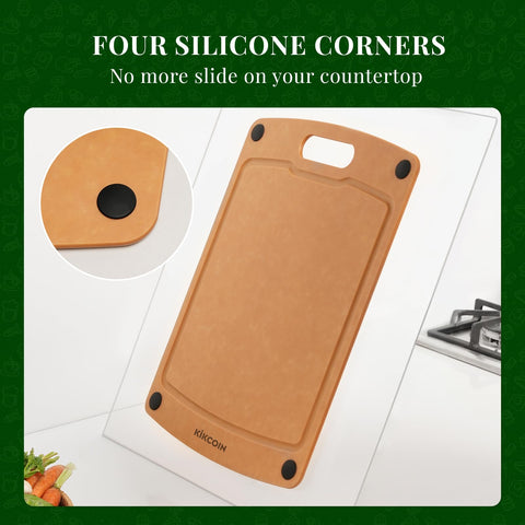 Kikcoin wood cutting board handle detail for easy maneuvering