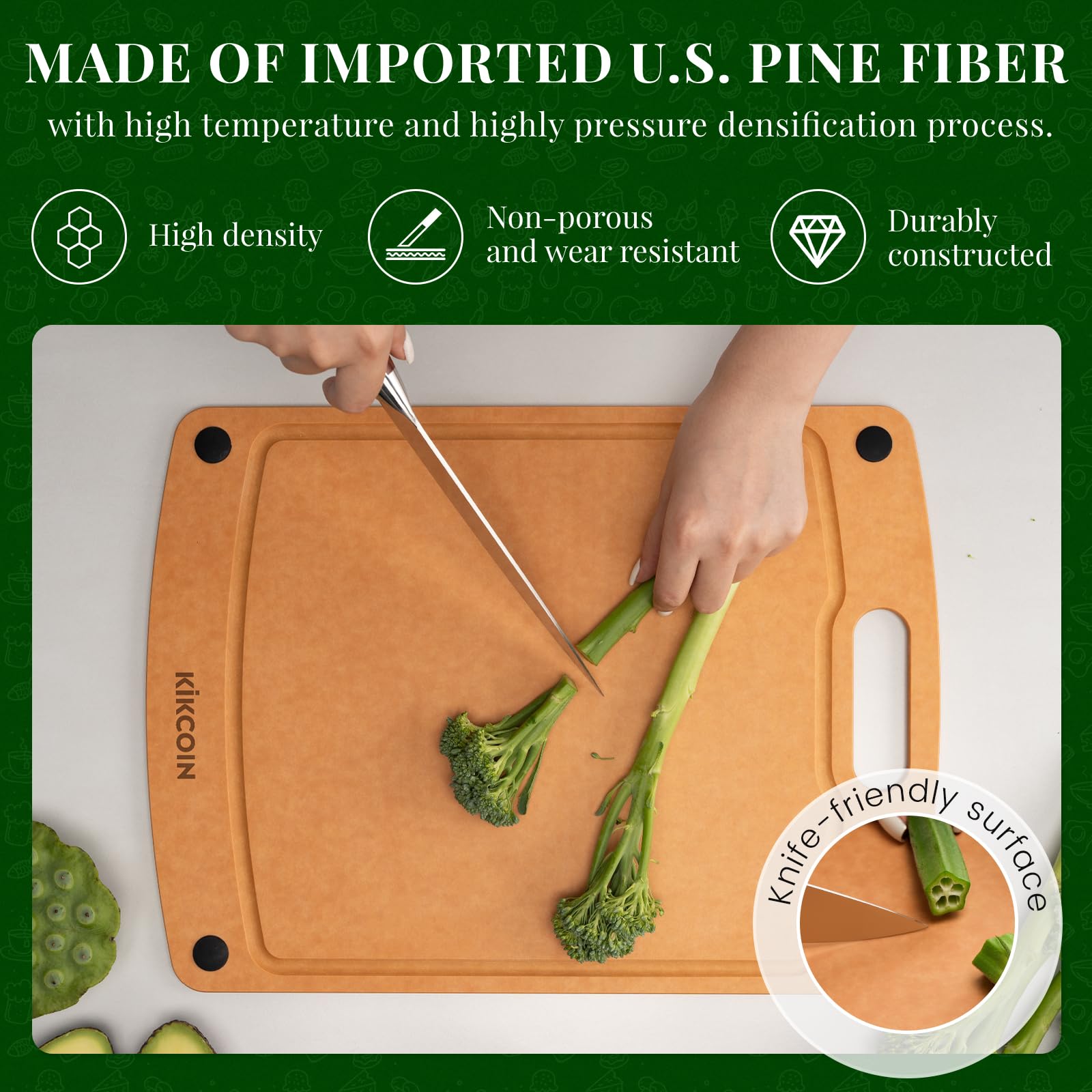 Kikcoin board with non-slip feet preventing sliding during chopping