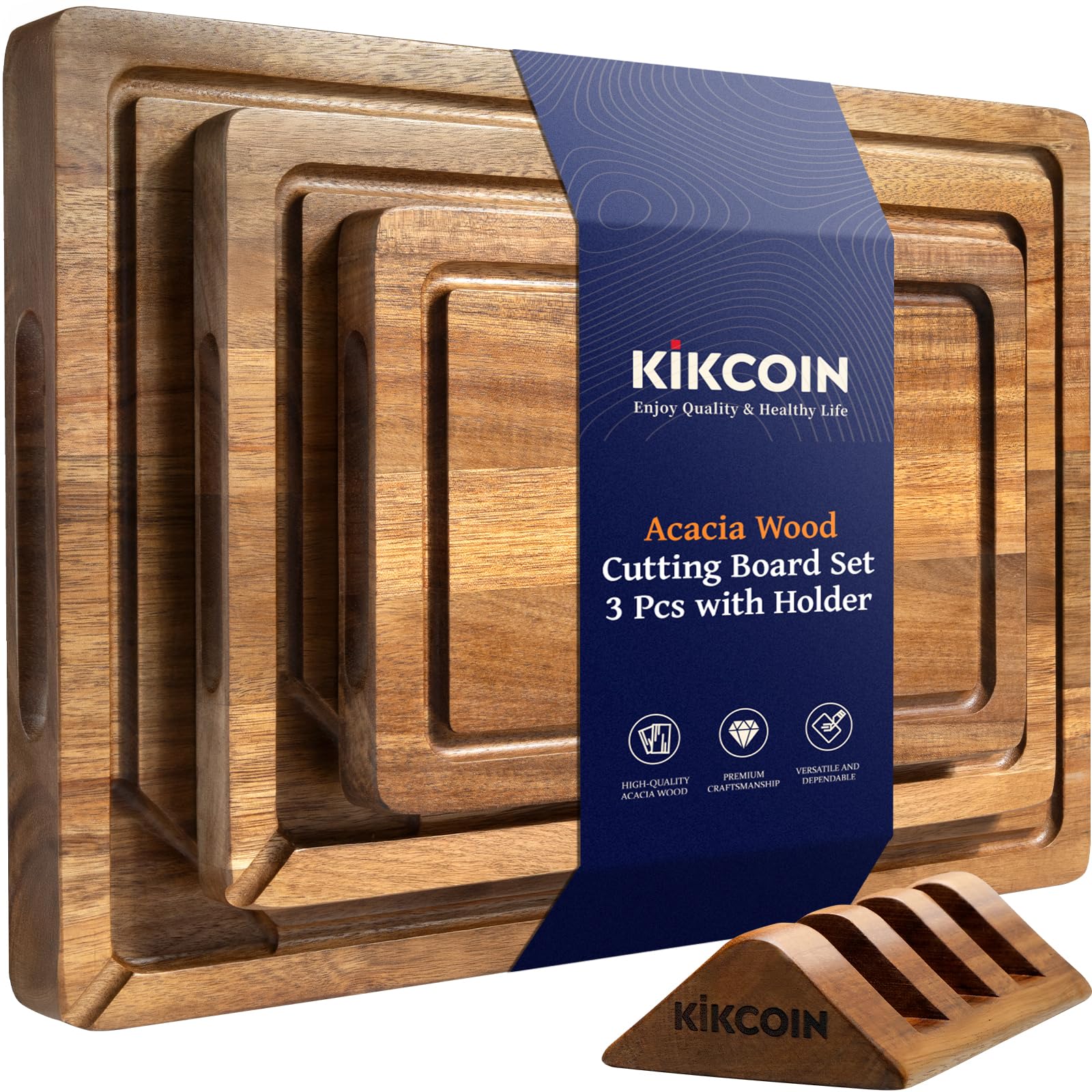 Kikcoin wood cutting board set with holder for an organized counter