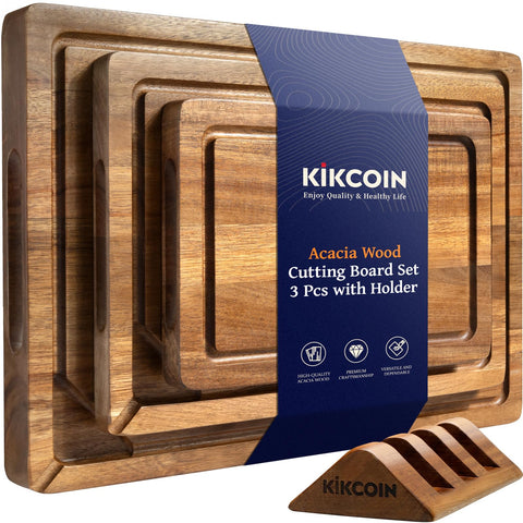 Kikcoin wood cutting board set with holder for an organized counter