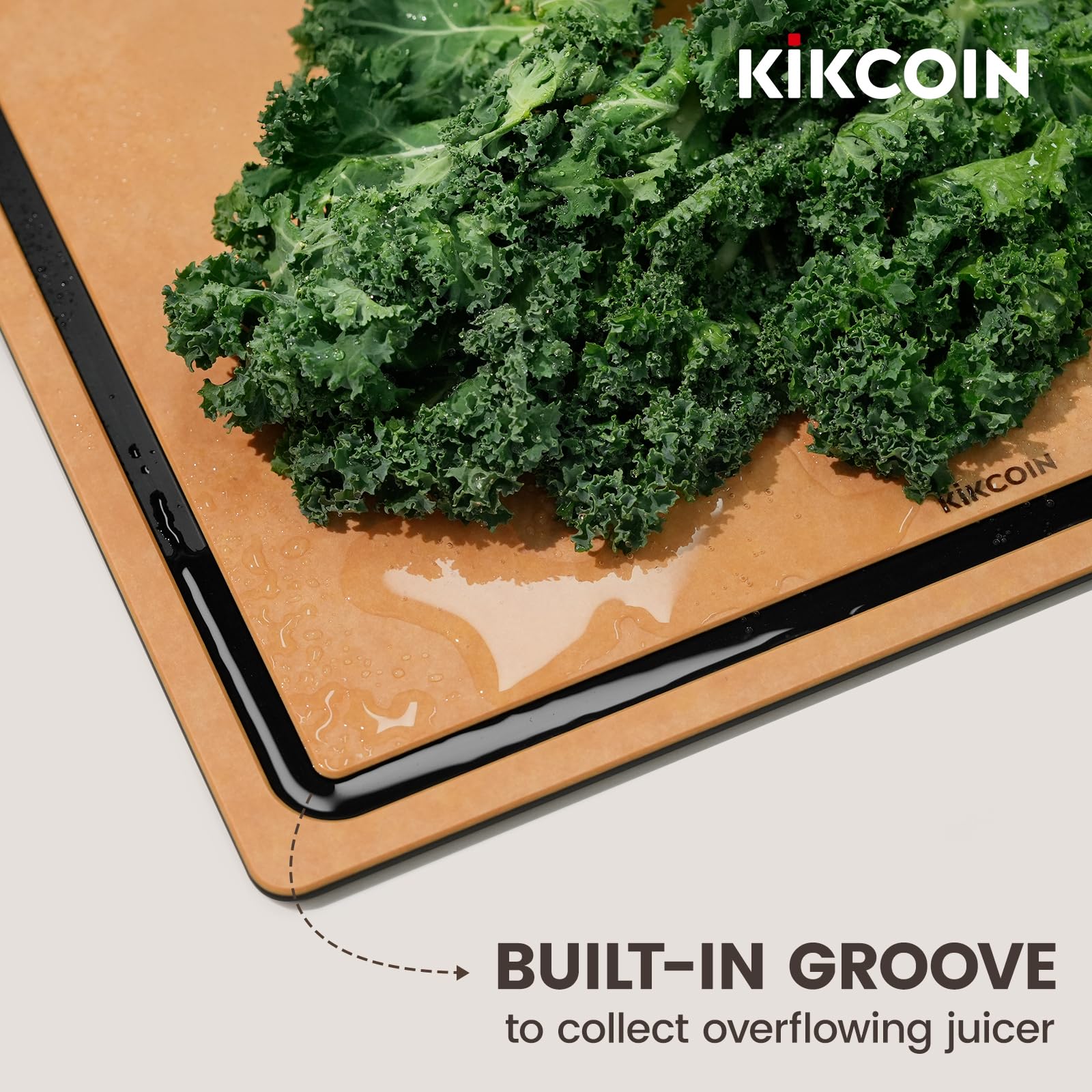 Kikcoin cutting boards shown with non-slip rubber feet in use