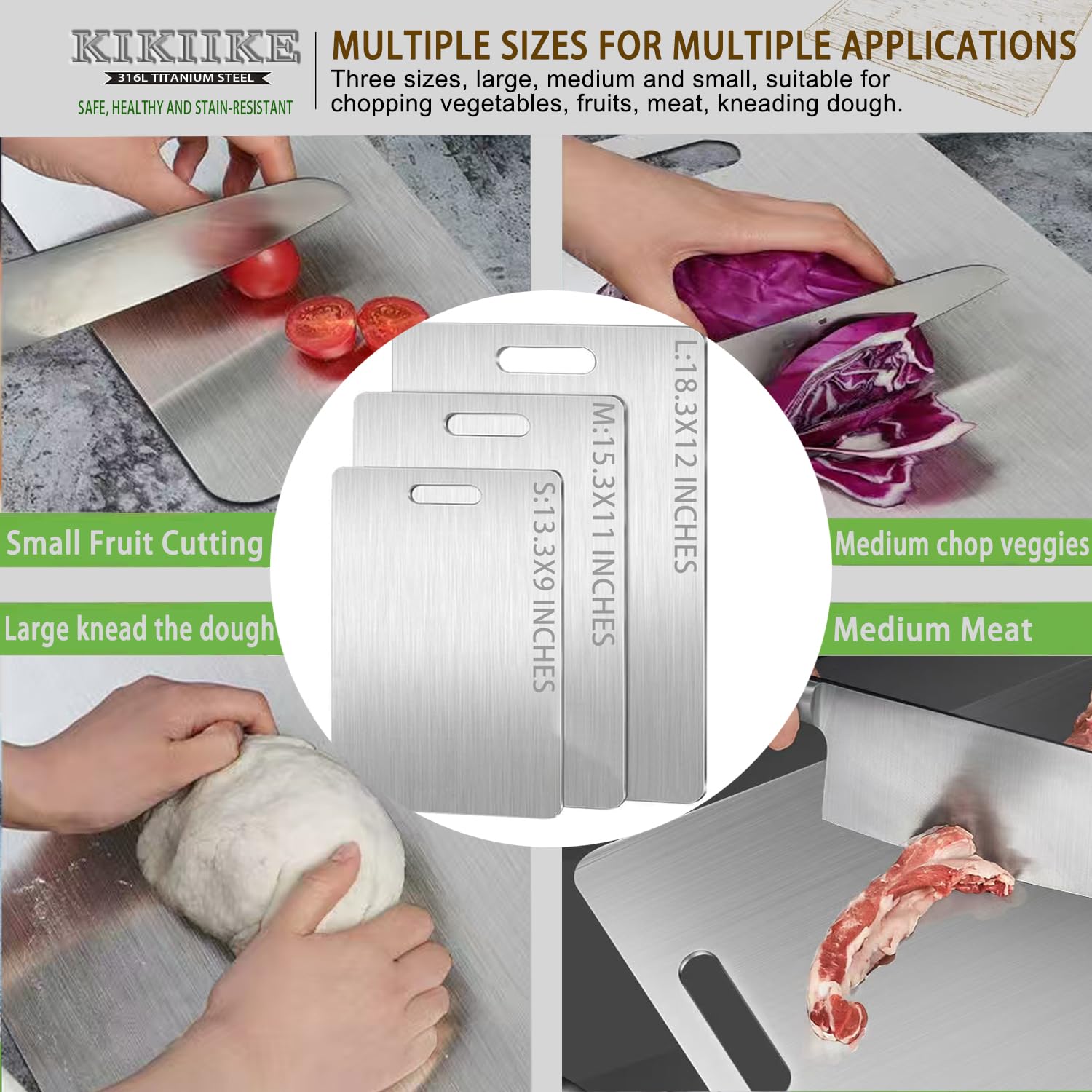 KIKIIKE titanium cutting board in kitchen; dishwasher-safe for easy maintenance