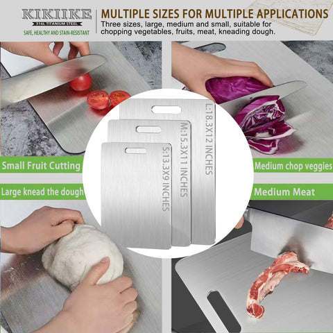 KIKIIKE titanium cutting board in kitchen; dishwasher-safe for easy maintenance