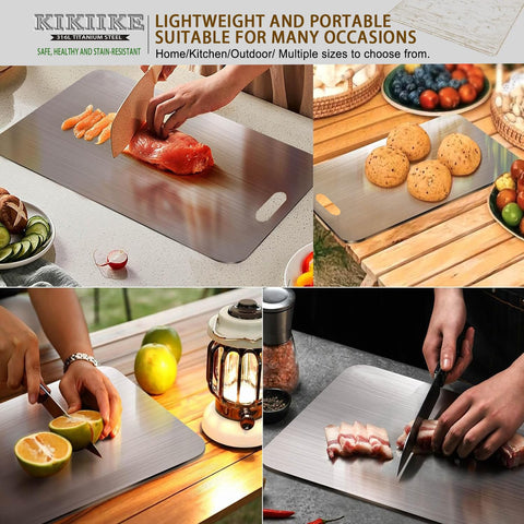 KIKIIKE titanium cutting board side view shows dual surfaces for versatile prep tasks