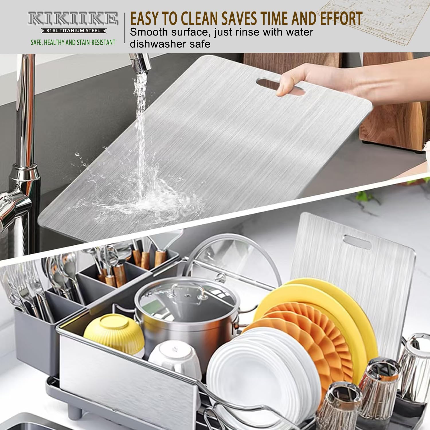 KIKIIKE titanium cutting board demonstrates knife-friendly surface preserves blade edge