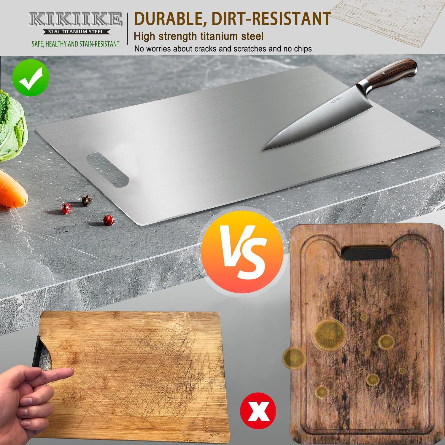 KIKIIKE titanium cutting board close-up of non-stick surface for quick cleaning