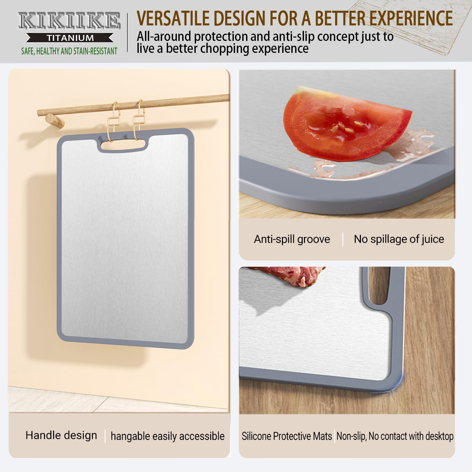 KIKIIKE titanium cutting board with silicone edging protecting counters