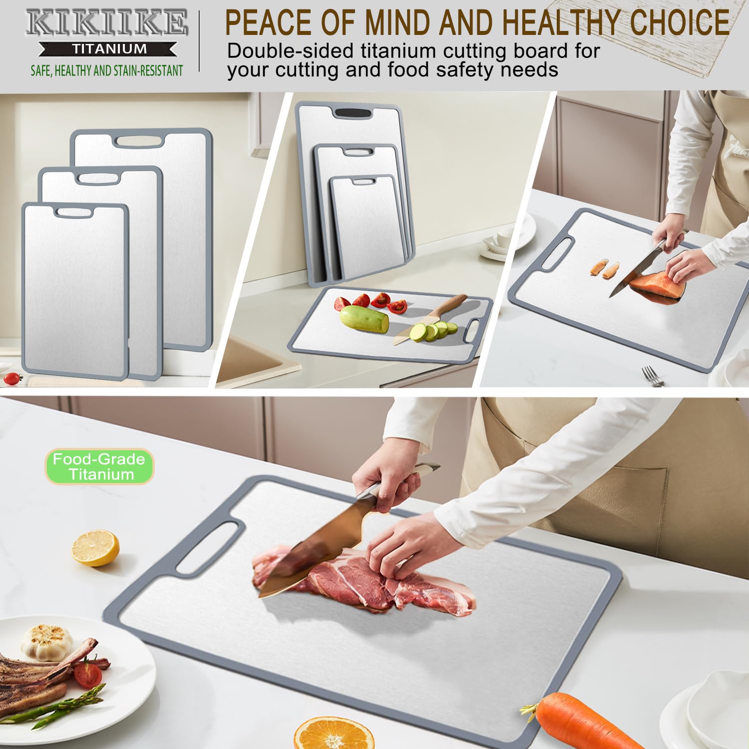 KIKIIKE silicone-rimmed board protects countertops and catches juices.