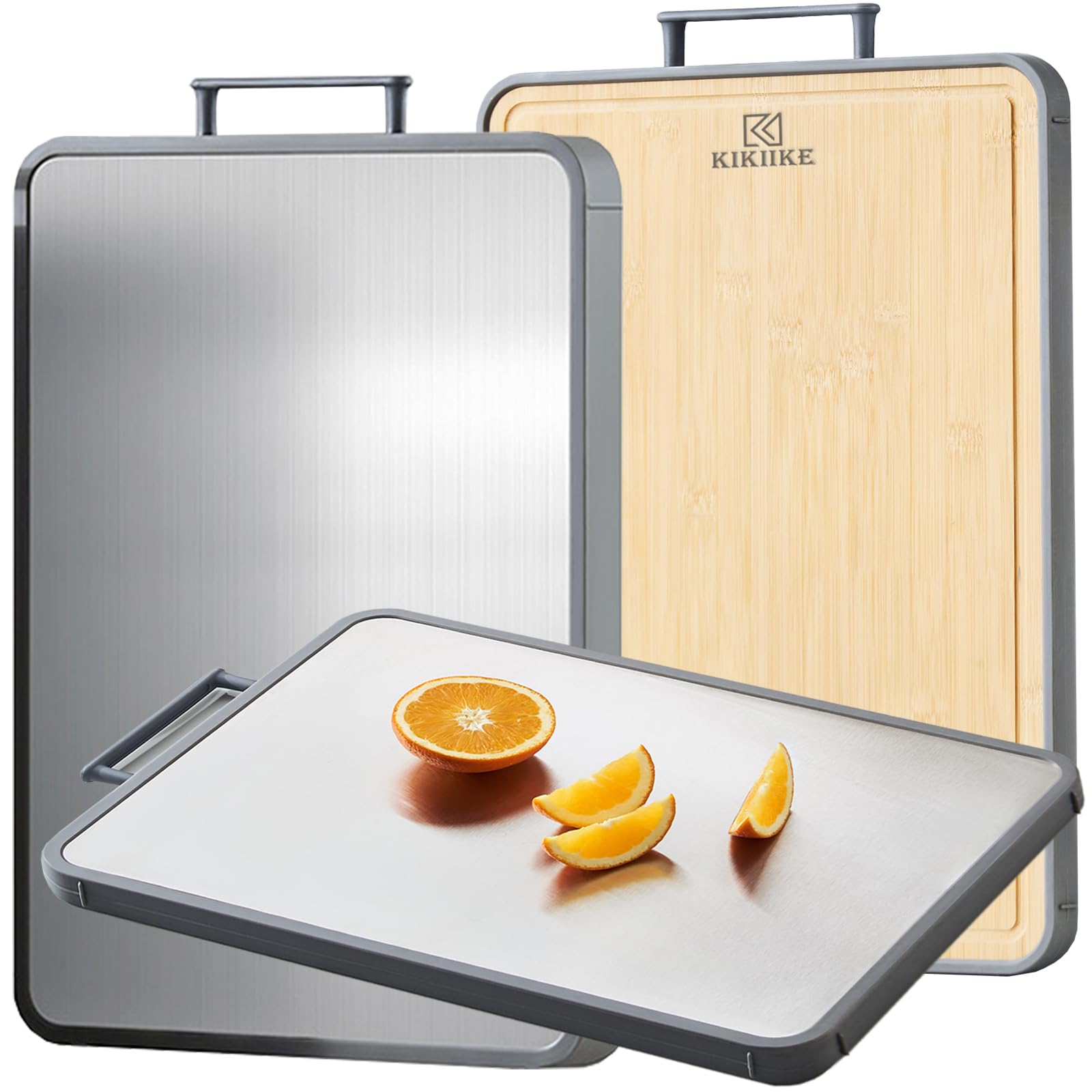 KIKIIKE titanium surface cutting board resists scratches for lasting durability.