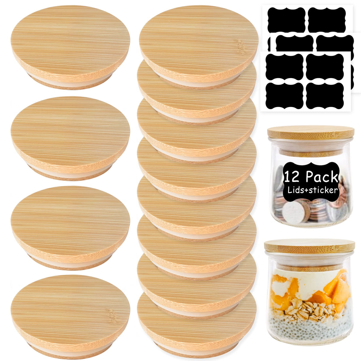 KIKINIKO Oui lid with natural bamboo cover for tight seal on 5 oz jars.