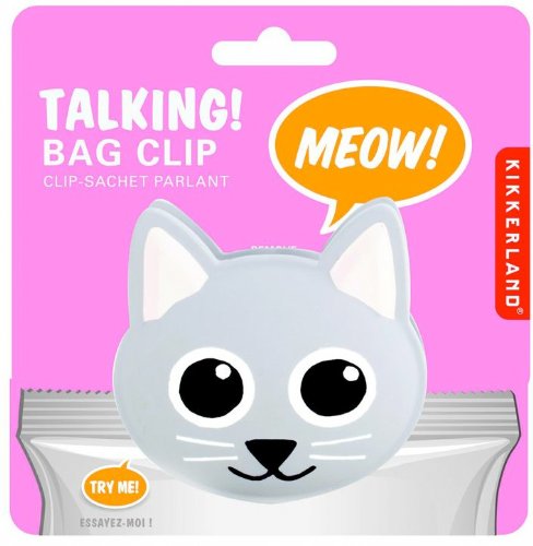 Kikkerland Cat Talking Bag Clip packaging shot emphasizes giftable charm.