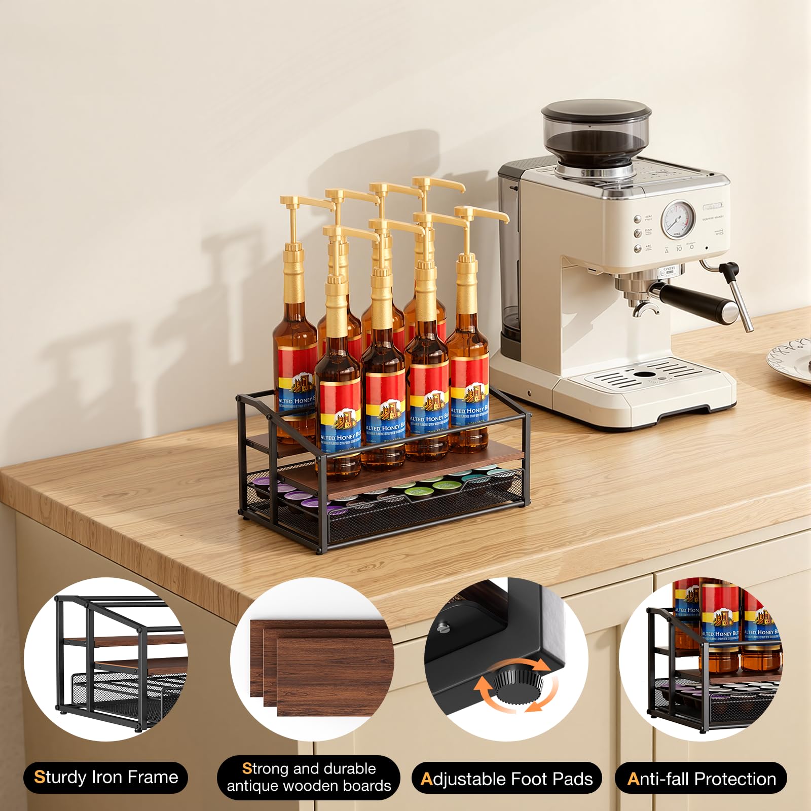 kimilus coffee bar countertop organization shows compact footprint for small kitchens