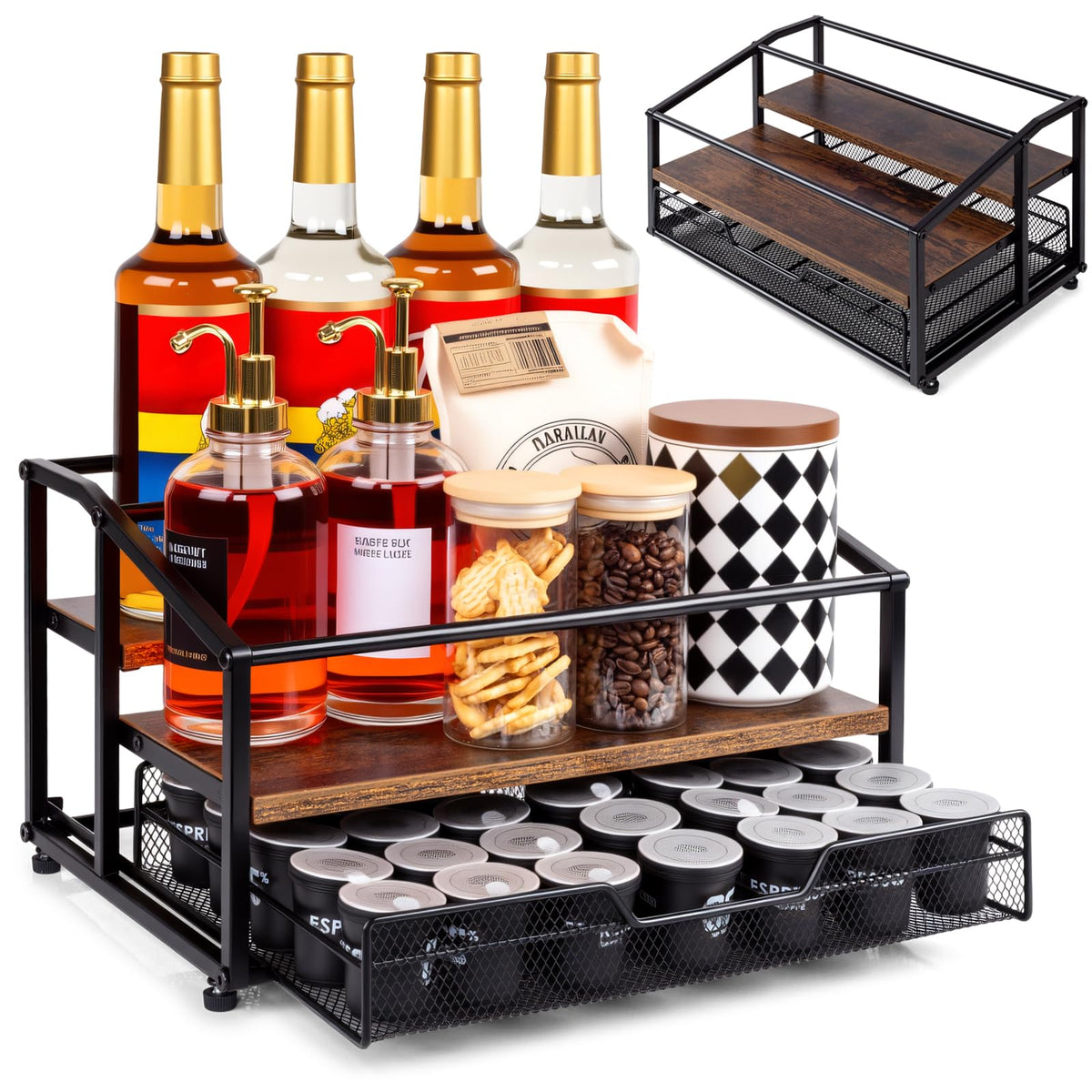 kimilus coffee syrup rack 3-tier front view shows organized storage for quick syrup access