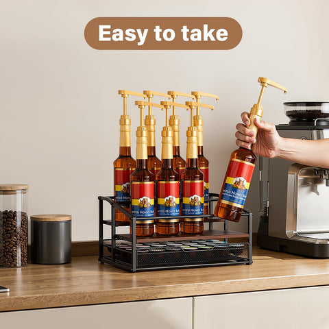 kimilus coffee syrup rack side view highlights sturdy metal frame and wood base stability