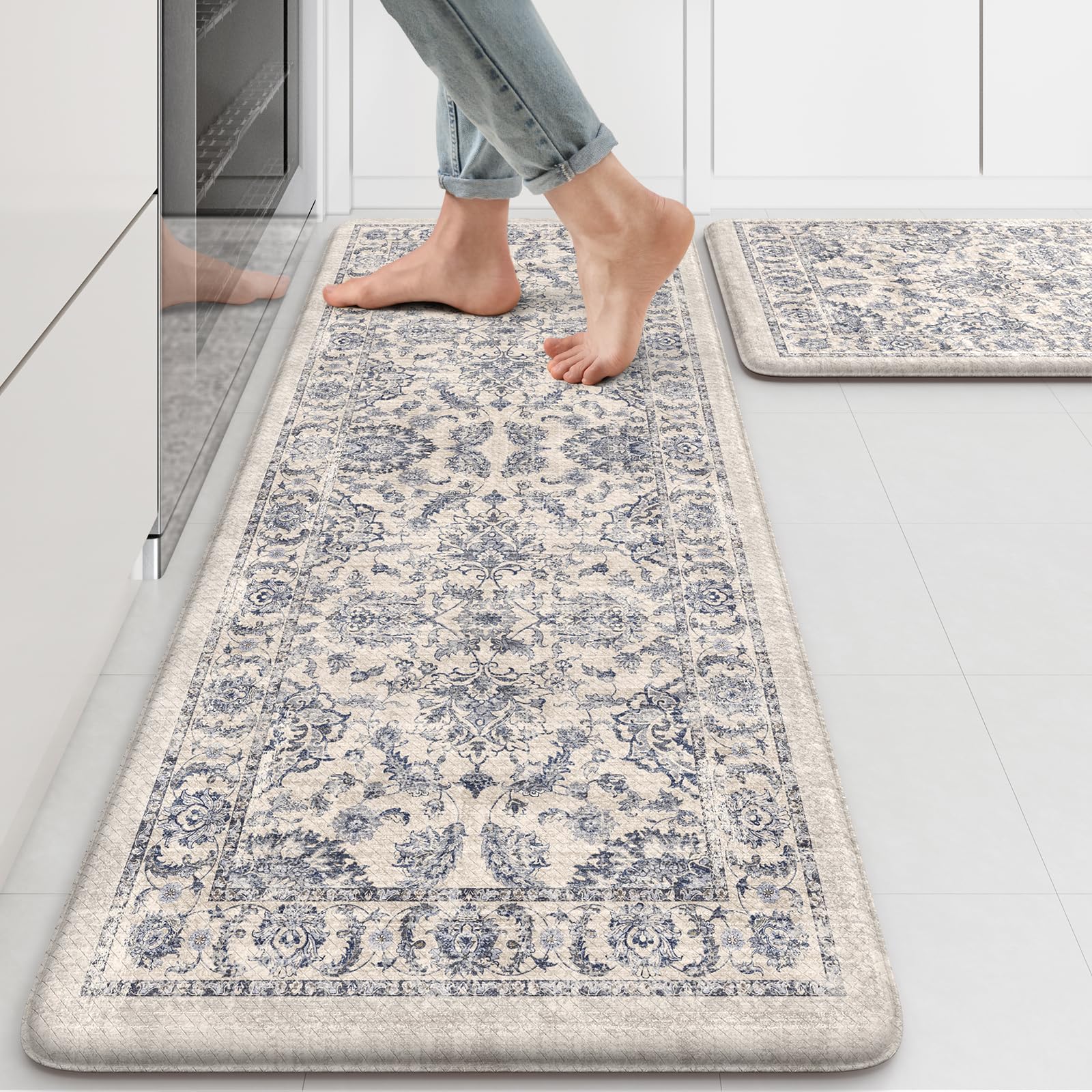 Kimode anti-fatigue kitchen mat beside the sink with blue floral pattern for comfort