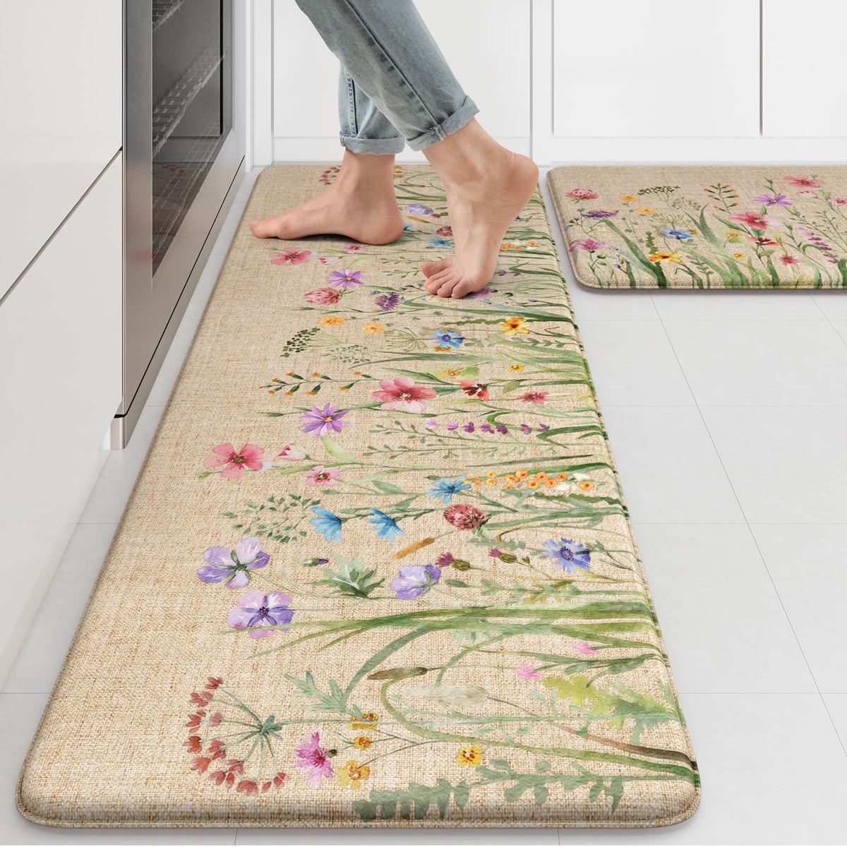 KIMODE anti-fatigue mat 17x47 with floral pattern provides comfortable standing while cooking.