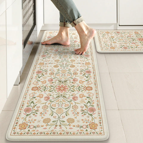 Kimode anti-fatigue mats in beige with non-slip backing provide comfortable standing in the kitchen.