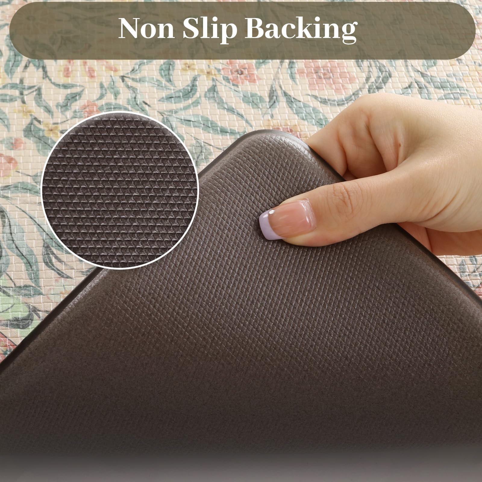 KIMODE non-slip bottom kitchen mats stay in place on hard floors during cooking.