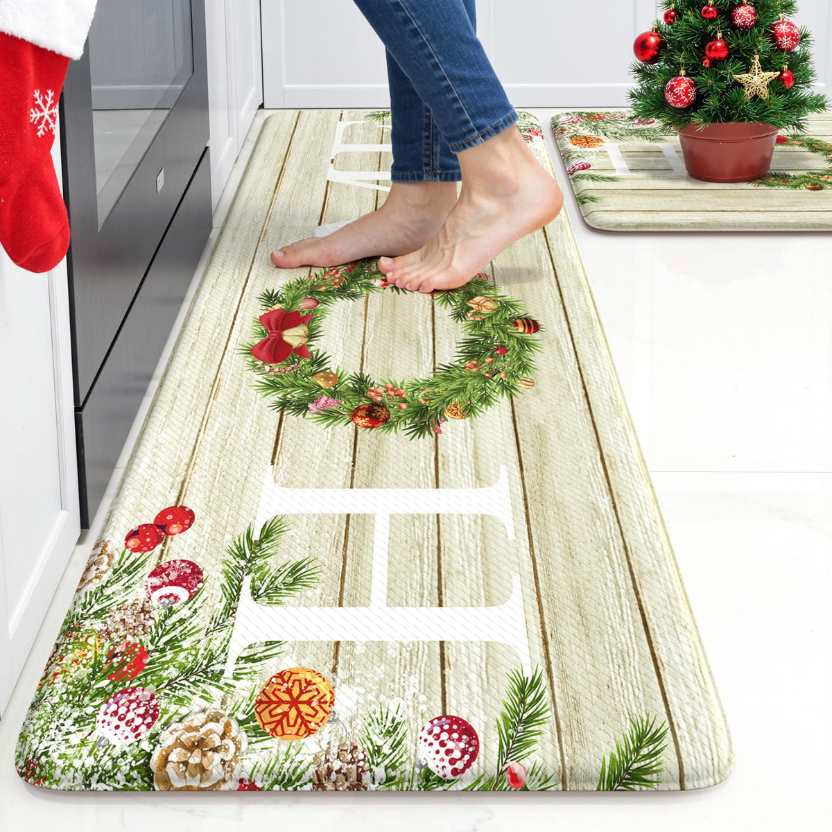 KIMODE Christmas kitchen mat 2pc with woodgrain pattern adds festive style and cushioned comfort underfoot.