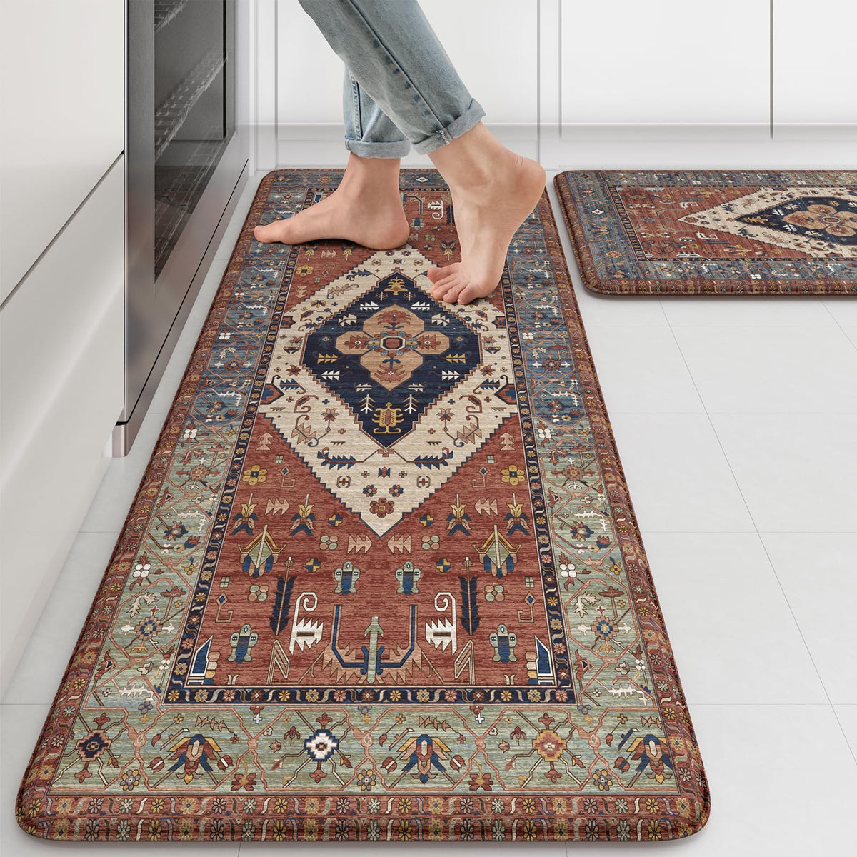 KIMODE Farmhouse Kitchen Mats 47in set cushions feet during long cooking