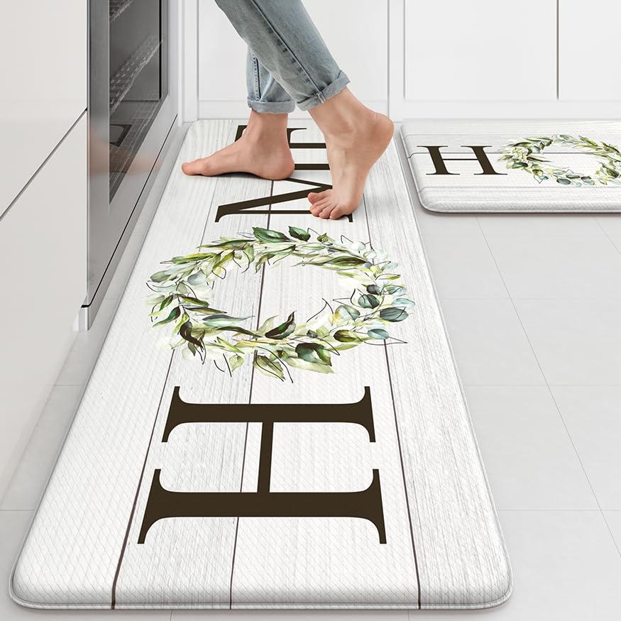 KIMODE Farmhouse mat with thick foam cushions feet during long kitchen standing.