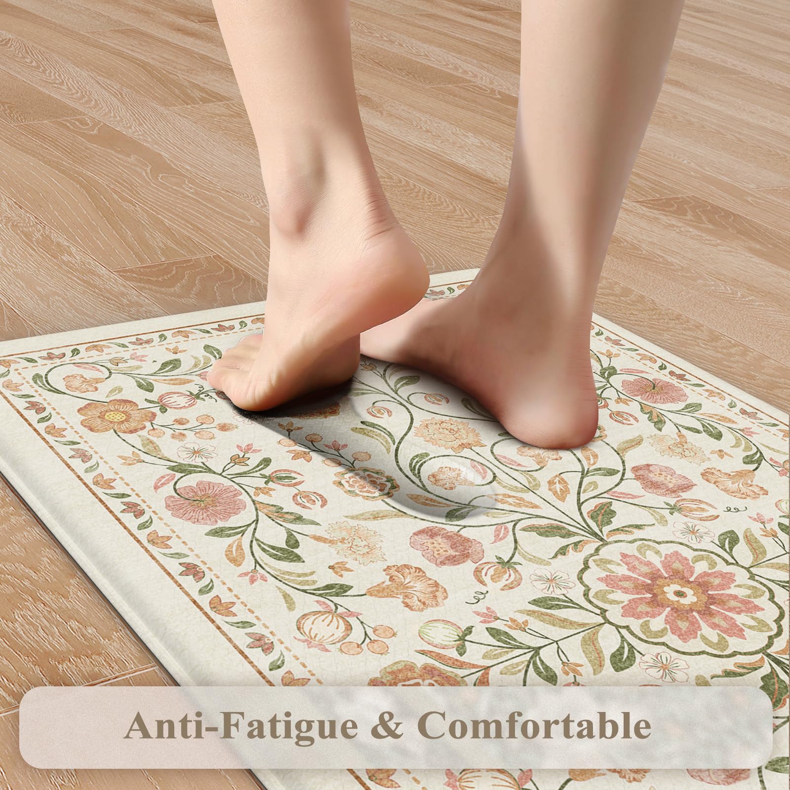 Kimode floral-pattern mat close-up shows cushioned 12mm thickness for foot support.