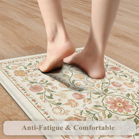 Kimode floral-pattern mat close-up shows cushioned 12mm thickness for foot support.