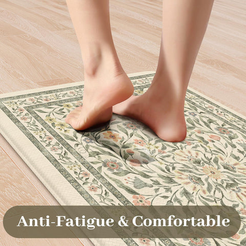 KIMODE boho floral kitchen mat set emphasizes decorative pattern while cushioning feet.