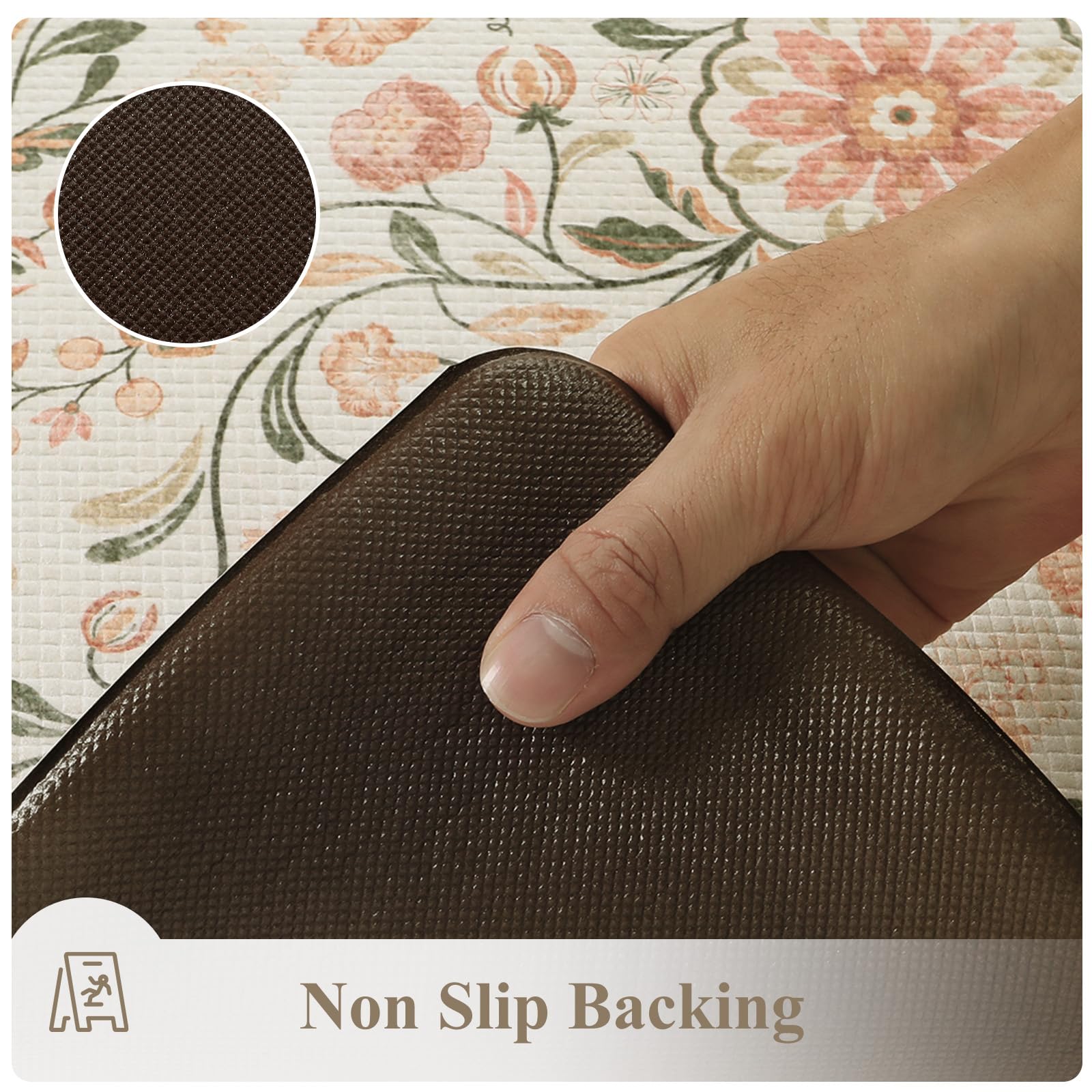 Kimode non-slip rubber backing image demonstrates safety on slick kitchen floors.