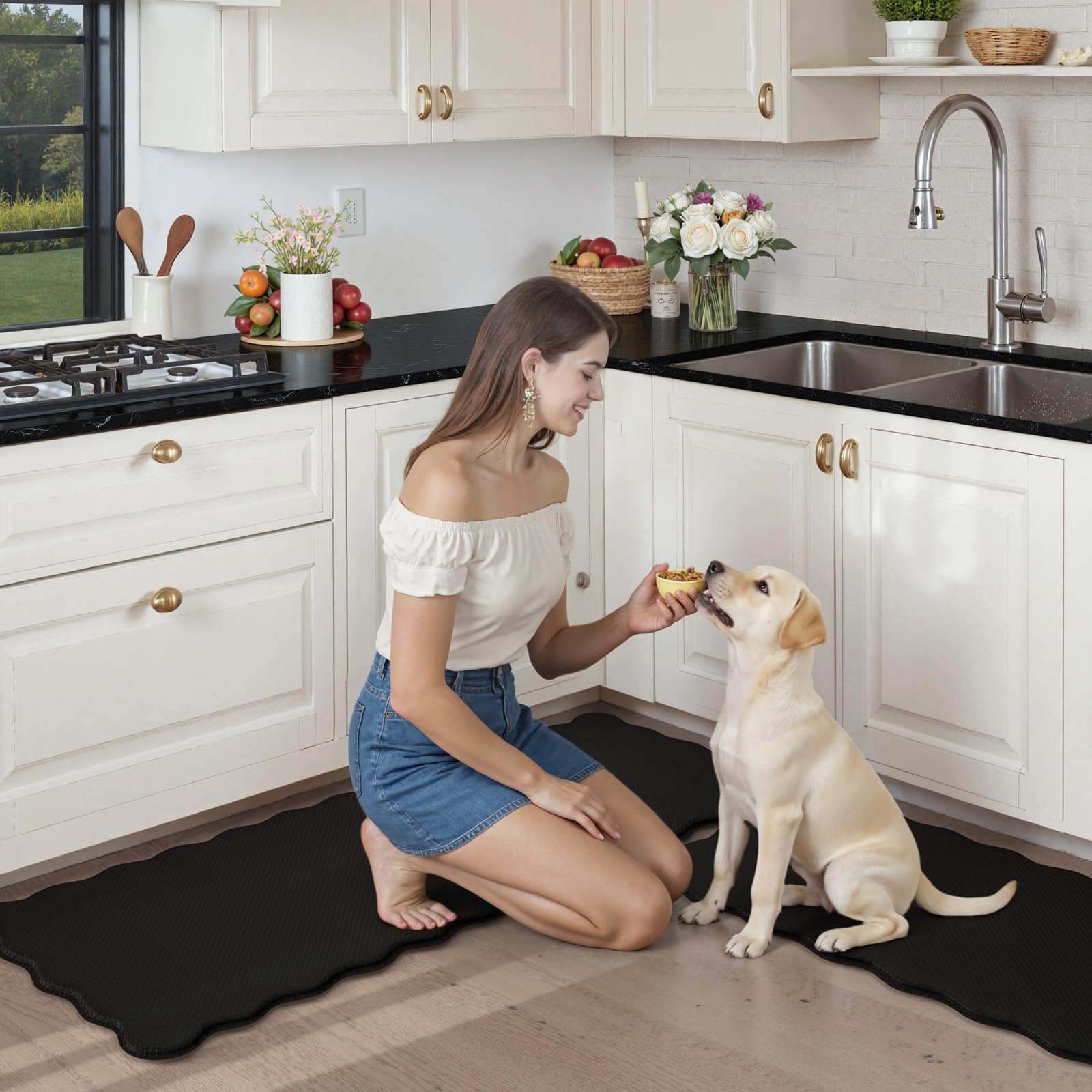 Kimode anti-fatigue border rug with scalloped edge enhances cozy farmhouse kitchen style.