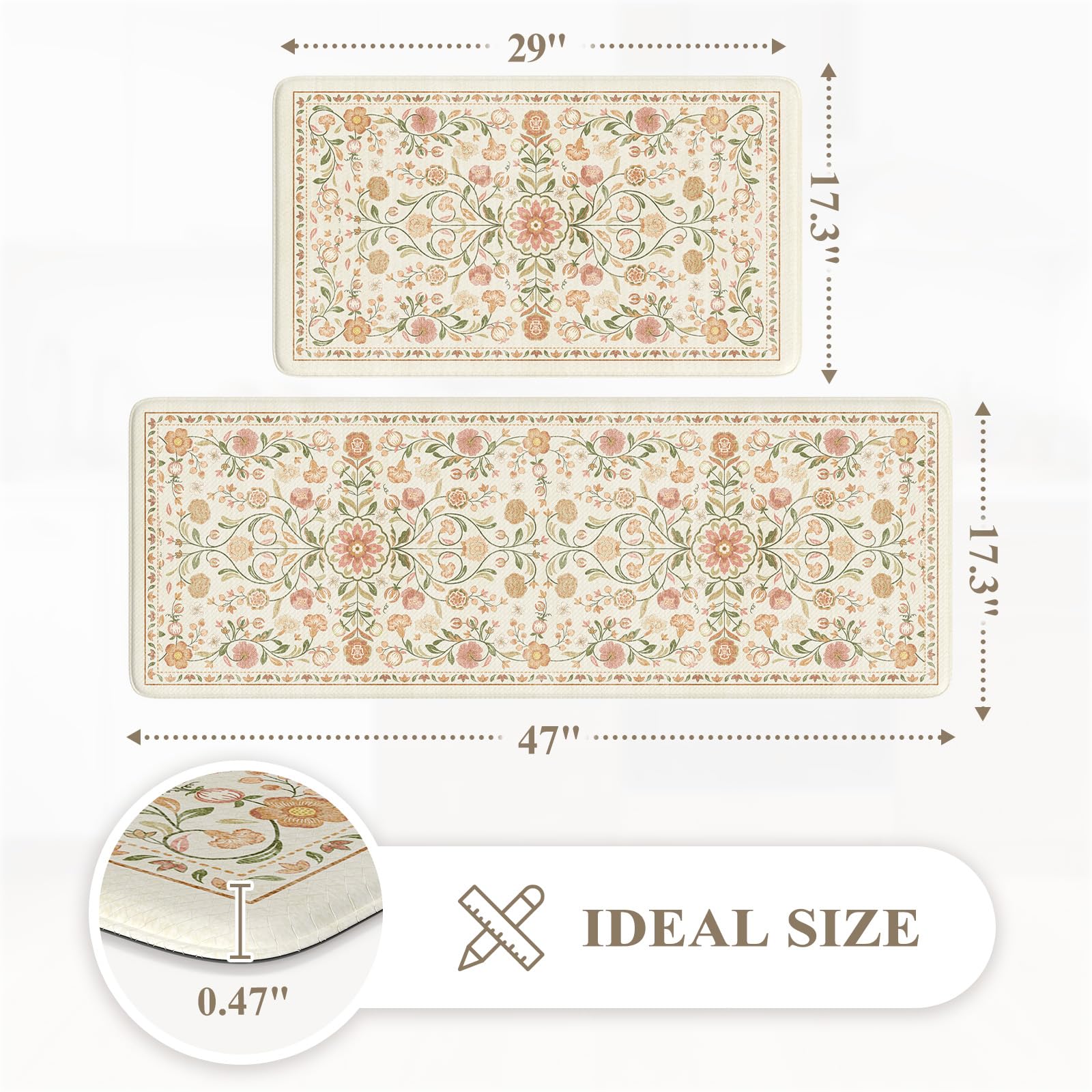 Kimode two-piece kitchen rug set in boho floral design enhances cozy workspace.
