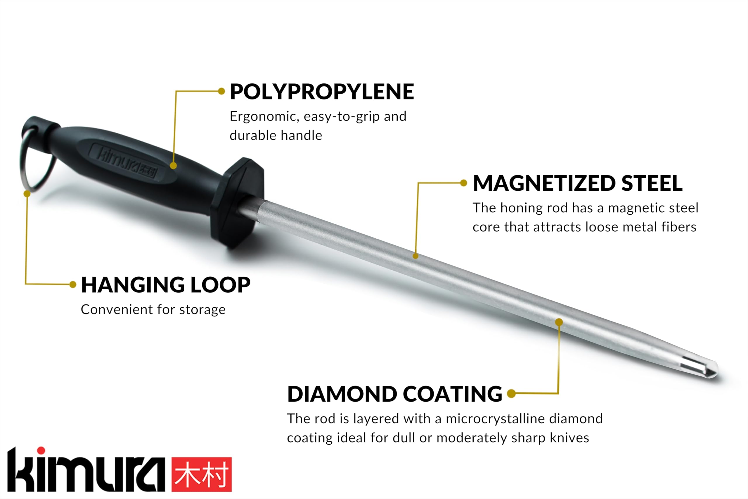 Kimura honing steel with ergonomic handle offering steady, comfortable honing