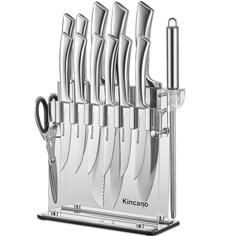 Kincano 14-piece knife set on a clear acrylic stand for organized counter prep.