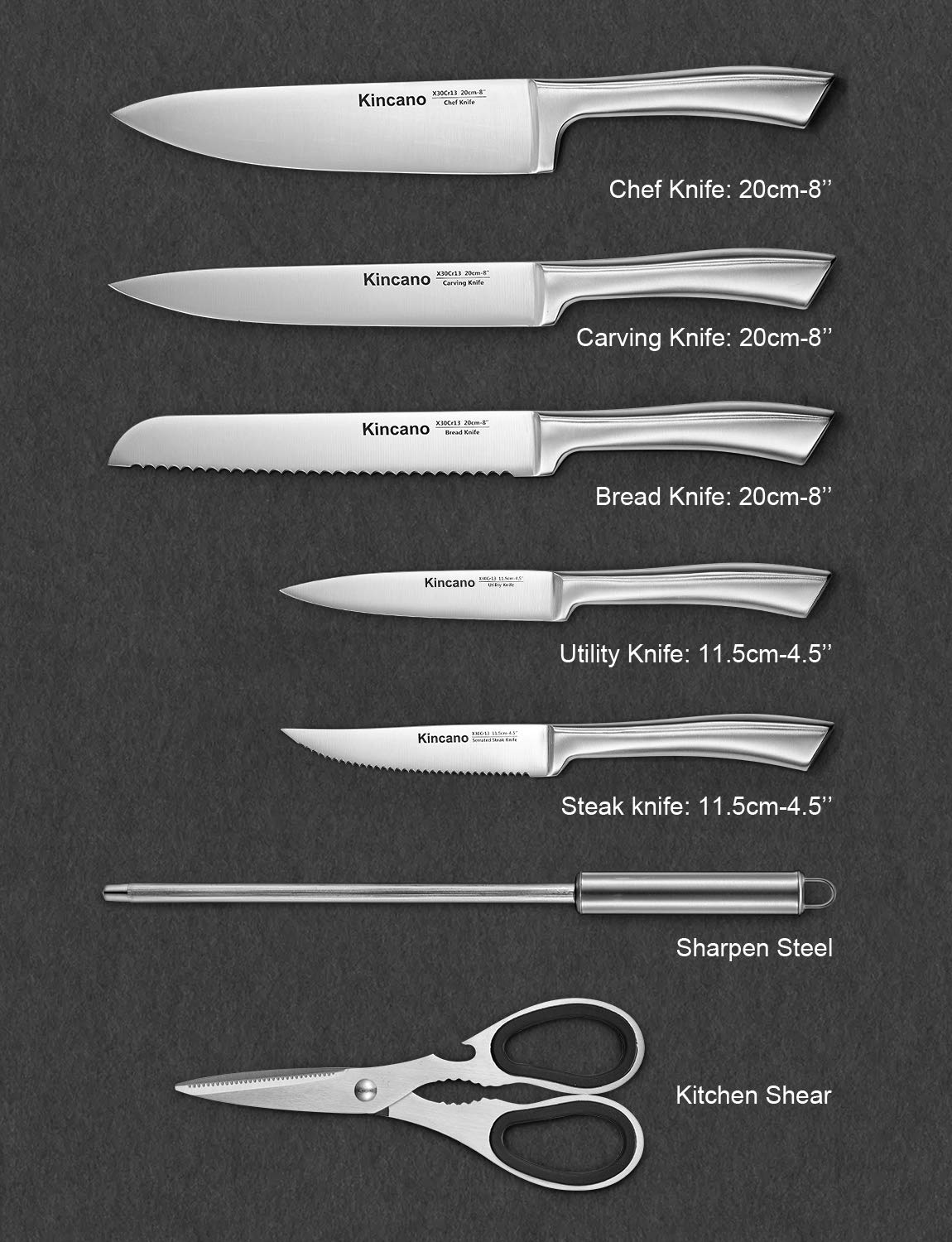 Kincano 8-inch chef knife with balanced, precise cutting performance.