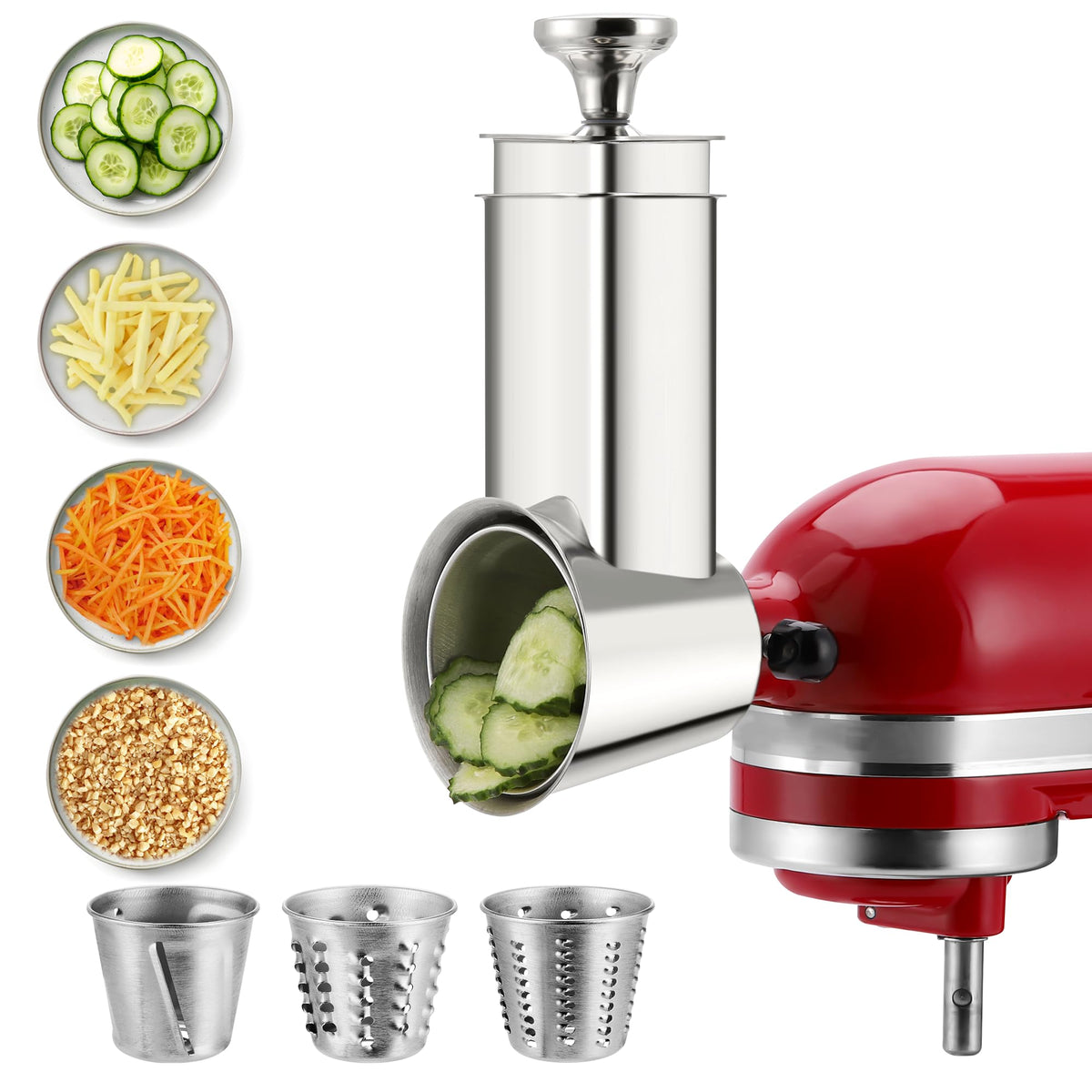 KINGEAGLE stainless steel slicer shredder attachment in action on a KitchenAid mixer for uniform prep.