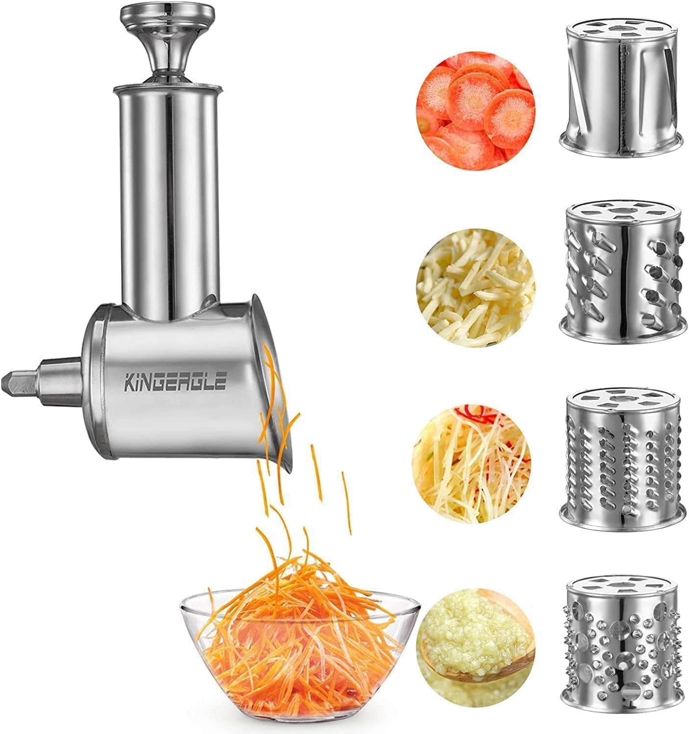 KINGEAGLE stainless-steel slicer shredder attached to a KitchenAid mixer for effortless slicing