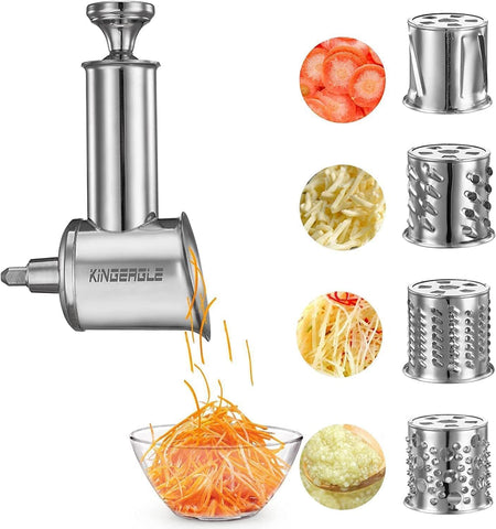 KINGEAGLE stainless-steel slicer shredder attached to a KitchenAid mixer for effortless slicing