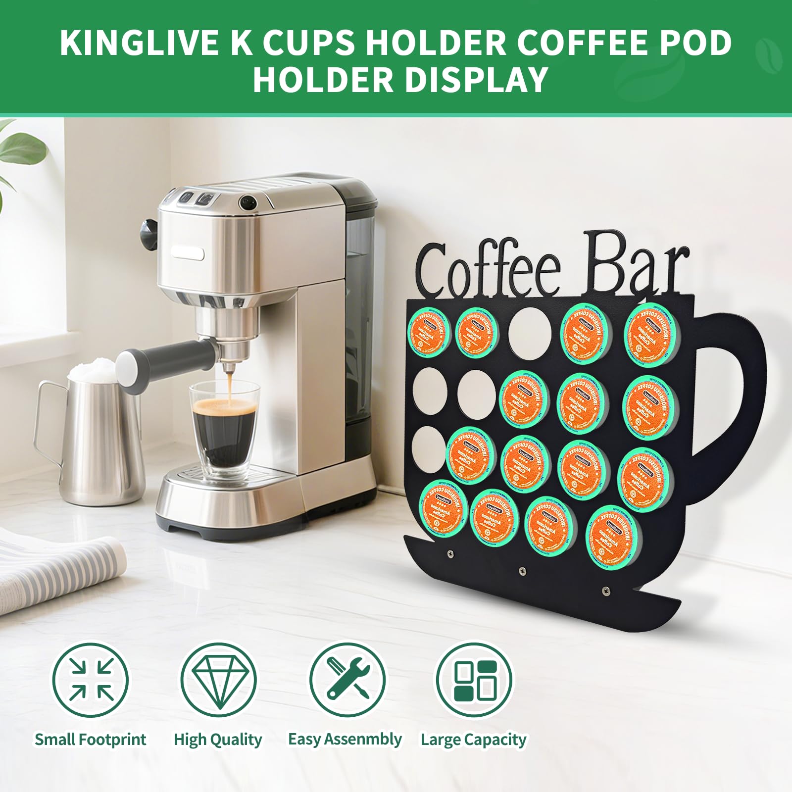 KingLive K Cups Holder back panel with decorative coffee cup silhouette.