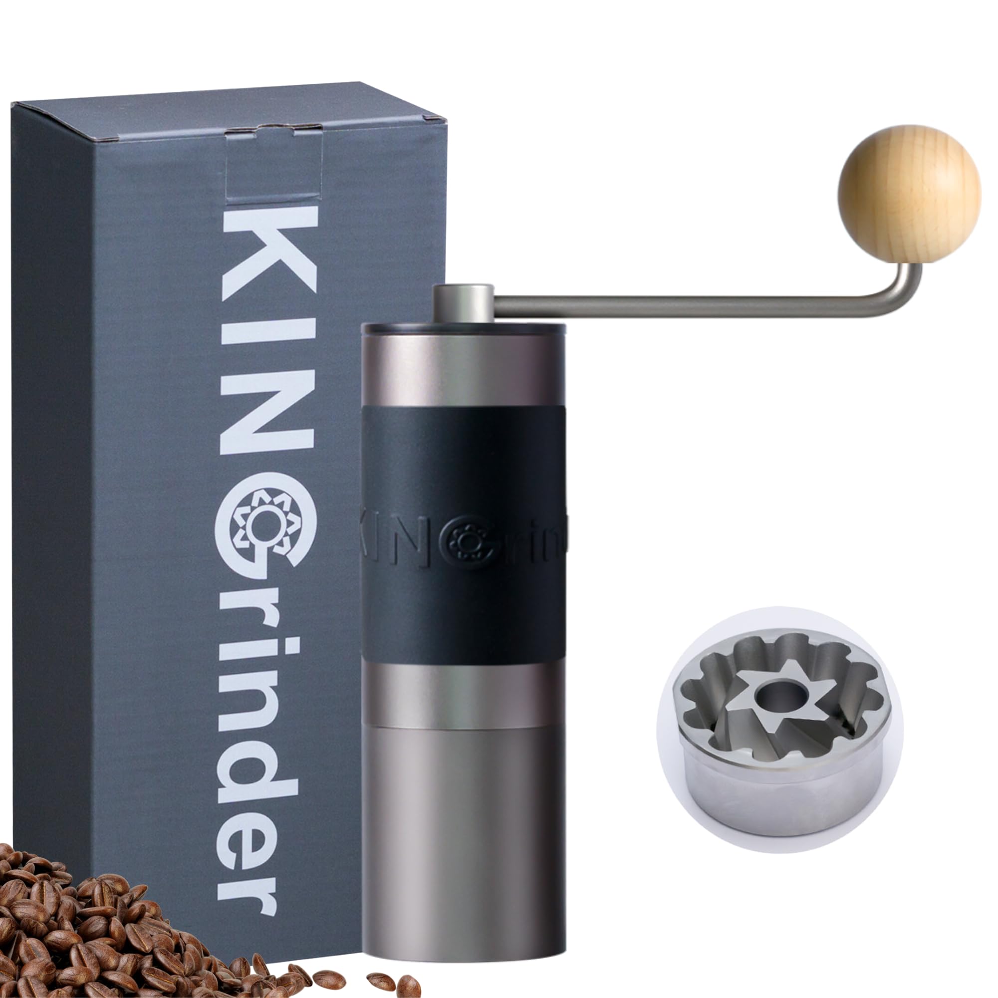 KINGrinder K2 manual grinder with straight handle for precise control across brew methods at home.