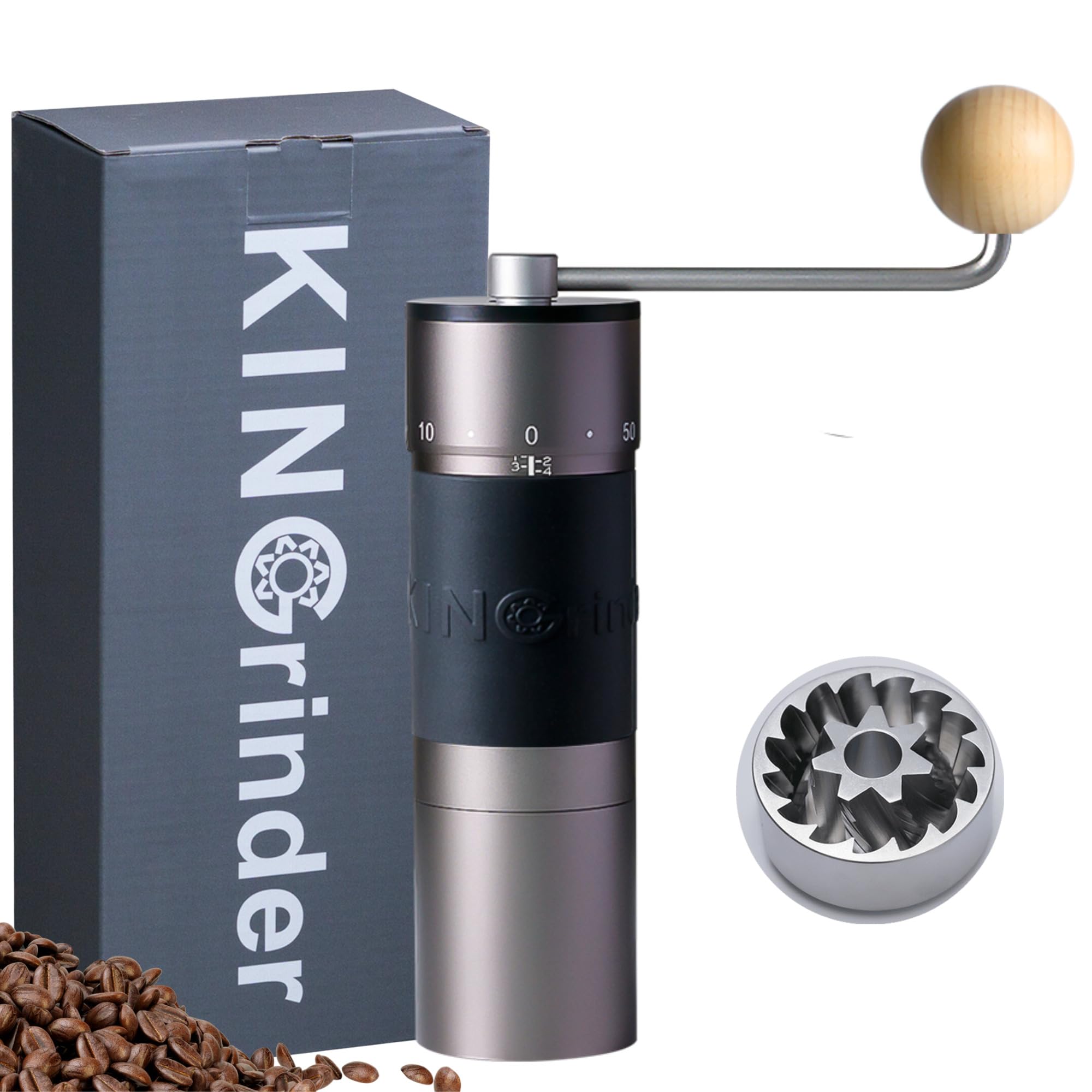 KINGrinder K6 manual grinder with stainless steel conical burr for precise, consistent grinds.
