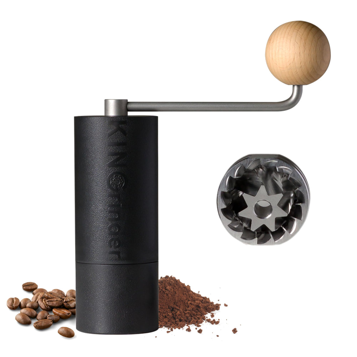 Kingrinder P2 lightweight hand grinder in side view, ideal for travel and moka pot prep.