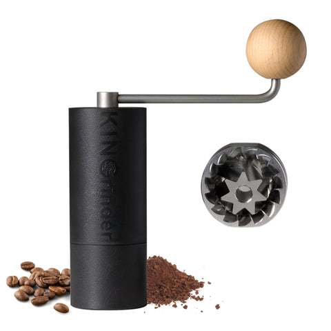 Kingrinder P2 lightweight hand grinder in side view, ideal for travel and moka pot prep.